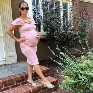Pink off shoulder maternity dress